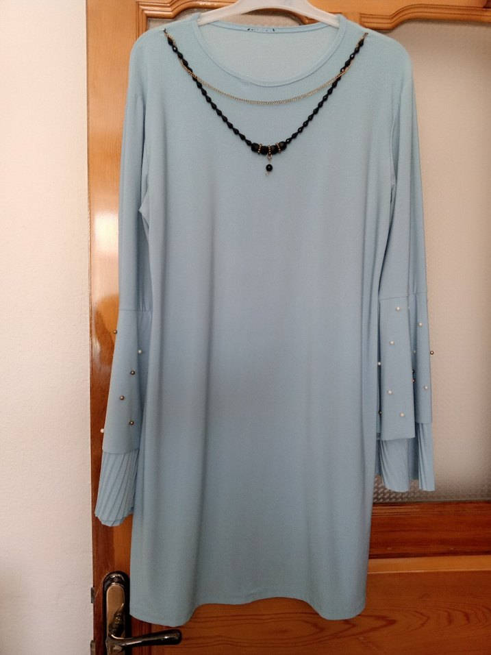 Uzun Kollu Zincir Detaylı Turkuaz Tunik - Görsel 2