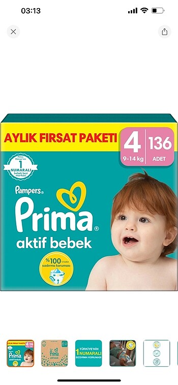 Prima Aktif Bebek, Bebek Bezi 4 Numara, 136 adet