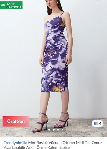 Trendyolmilla Mor Baskılı Midi Tek Omuz Elbise