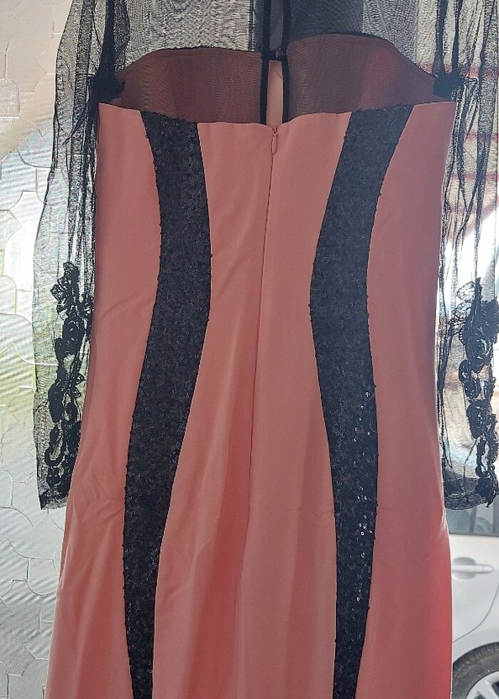 Kuyruklu nakışlı dantelli uzun abiye - Görsel 3