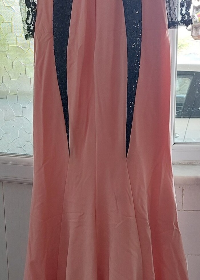 Kuyruklu nakışlı dantelli uzun abiye - Görsel 5