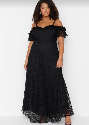 Trendyol & Milla Romantik Siyah Dantel Maxi Elbise Buyuk Beden