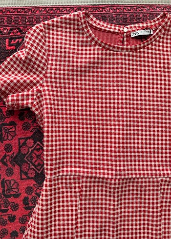 Kırmızı Kareli Mini Elbise, Kısa Kollu, Fırfırlı - Görsel 3