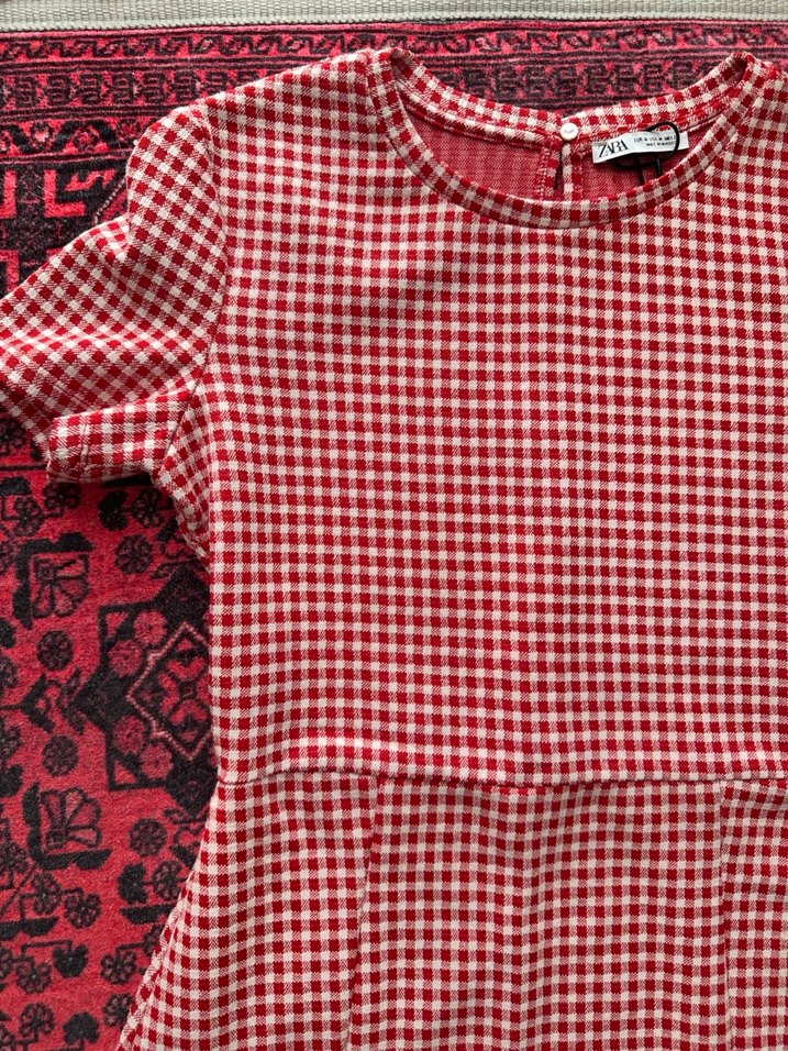 Kırmızı Kareli Mini Elbise, Kısa Kollu, Fırfırlı - Görsel 3