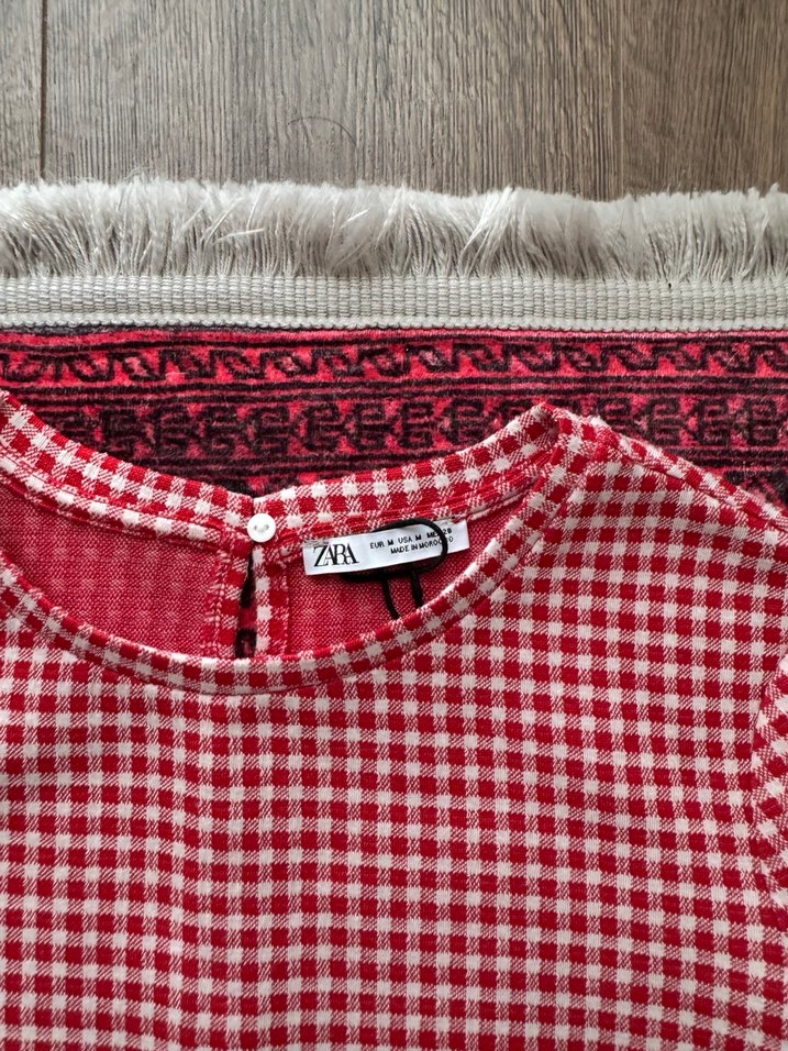 Kırmızı Kareli Mini Elbise, Kısa Kollu, Fırfırlı - Görsel 2