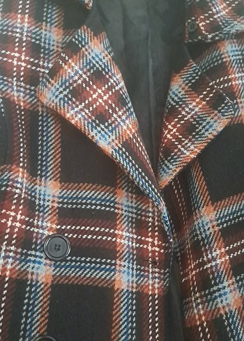 Düğmeli Ekose Desenli Gri Midi Yün Ceket Kaban - Görsel 2