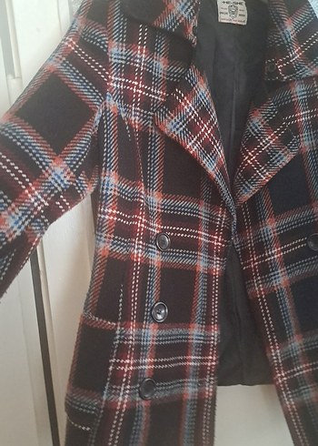 Düğmeli Ekose Desenli Gri Midi Yün Ceket Kaban - Görsel 4