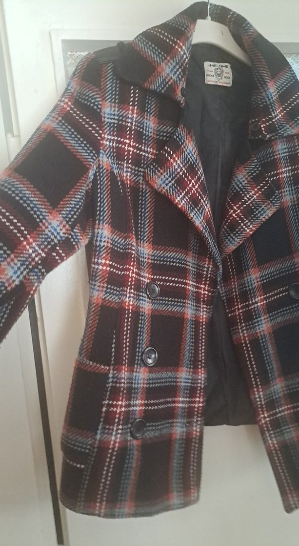 Düğmeli Ekose Desenli Gri Midi Yün Ceket  Kaban - Görsel 4