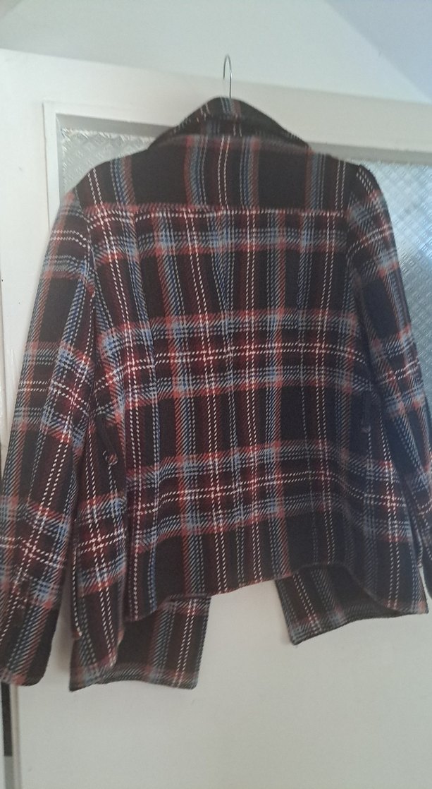 Düğmeli Ekose Desenli Gri Midi Yün Ceket  Kaban - Görsel 5