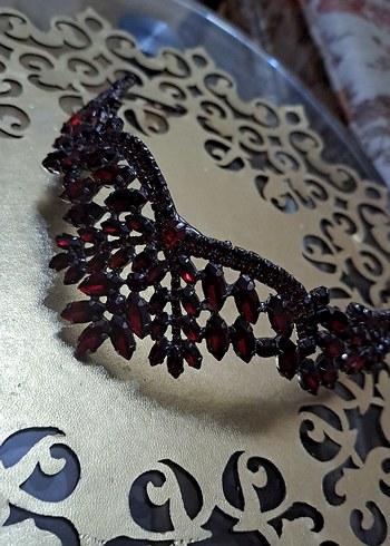 Bordo Parlak Taşlı Gelin Tacı Saç aksesuarı - Görsel 3