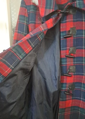 Düğmeli Bordo lacivert yesil Ekose Midi Yün Kaban - Görsel 7