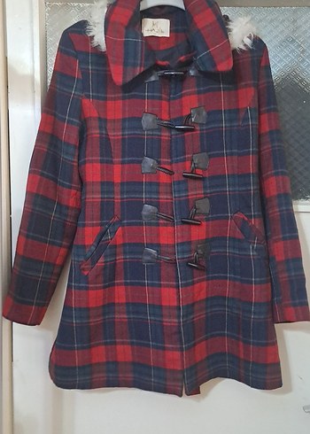 Düğmeli Bordo lacivert yesil Ekose Midi Yün Kaban - Görsel 4