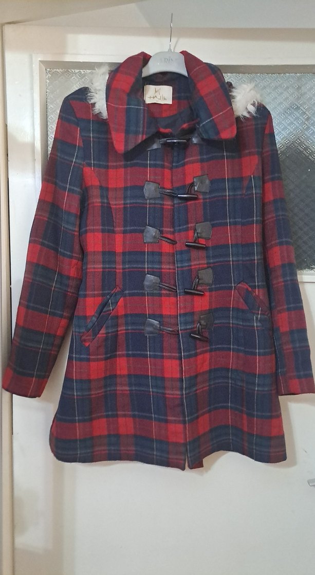 Düğmeli Bordo lacivert yesil Ekose Midi Yün Kaban - Görsel 4