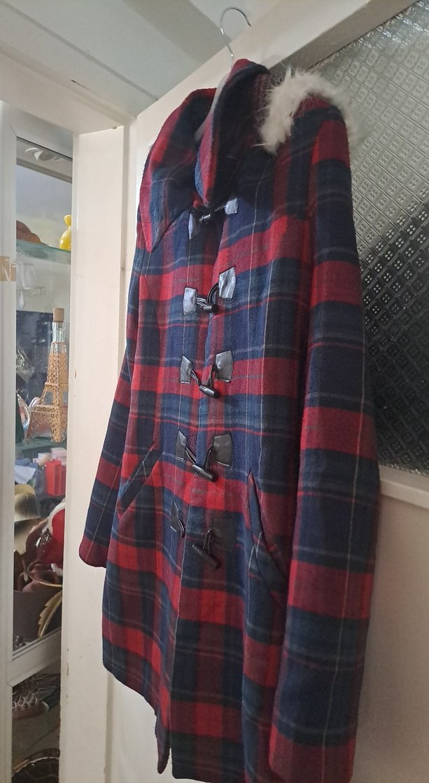 Düğmeli Bordo lacivert yesil Ekose Midi Yün Kaban - Görsel 3