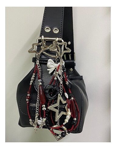 Diğer Bordo gotik yıldız kalp çanta süsü çanta charmı