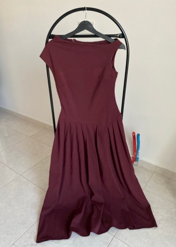 m Beden Bordo Drapeli Uzun Abiye Elbise