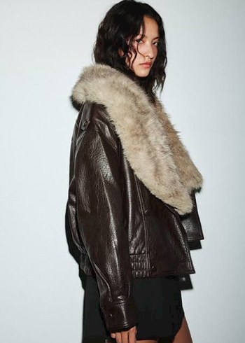 Kahverengi Deri Mini Kürk Detaylı Ceket - Görsel 5