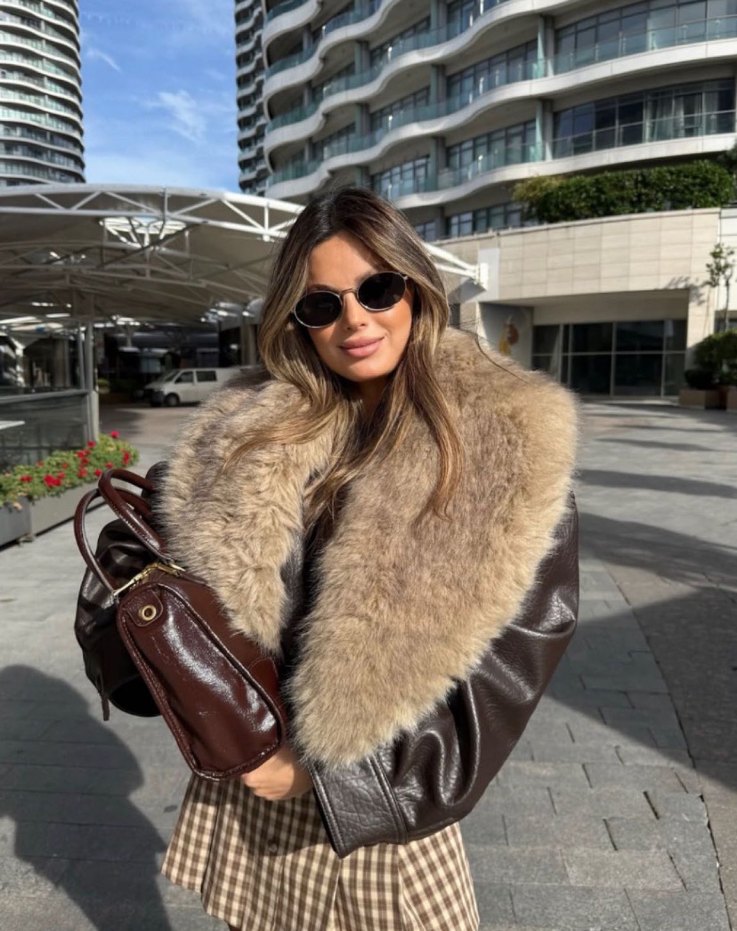 Kahverengi Deri Mini Kürk Detaylı Ceket - Görsel 2