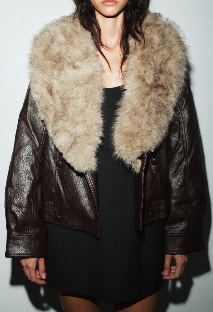 Kahverengi Deri Mini Kürk Detaylı Ceket - Görsel 4