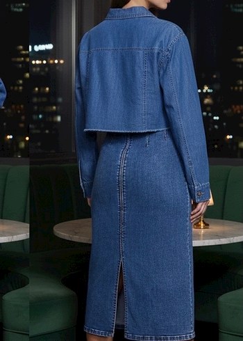 Kadın Uzun Kollu Lacivert Kot Ceket - Görsel 7