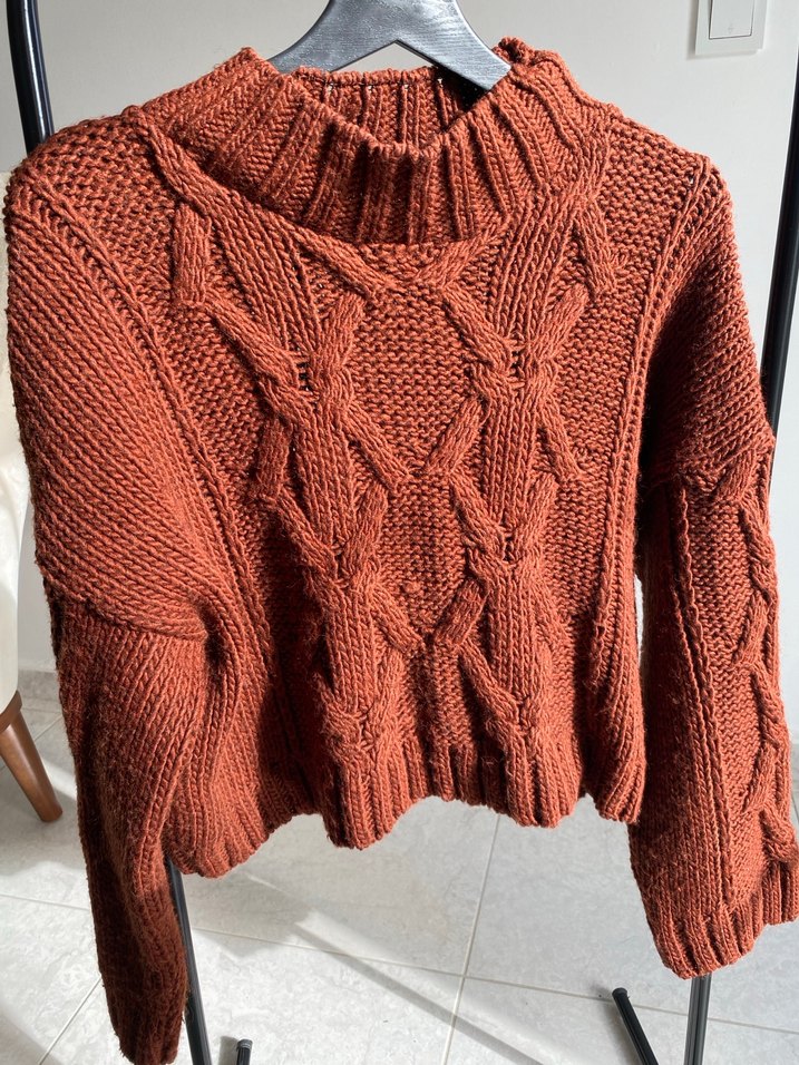 Bohem Tarzı Kiremit Örgü Kadın Kazak - Görsel 2