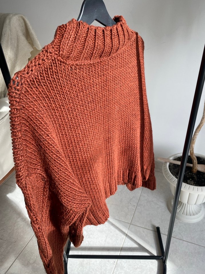 Bohem Tarzı Kiremit Örgü Kadın Kazak - Görsel 4