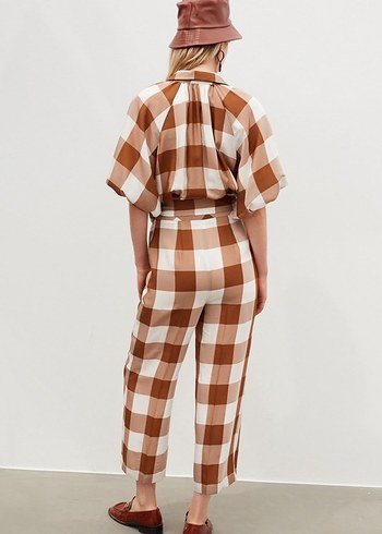 Kahverengi Kareli Kemerli Kadın Tulum - Görsel 3