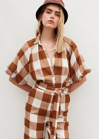 Kahverengi Kareli Kemerli Kadın Tulum - Görsel 5