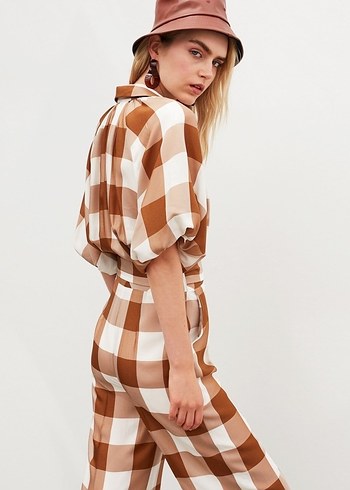 Kahverengi Kareli Kemerli Kadın Tulum - Görsel 4