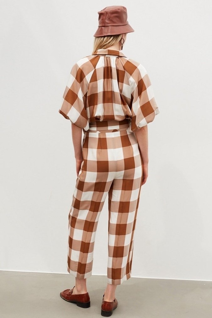 Kahverengi Kareli Kemerli Kadın Tulum - Görsel 3