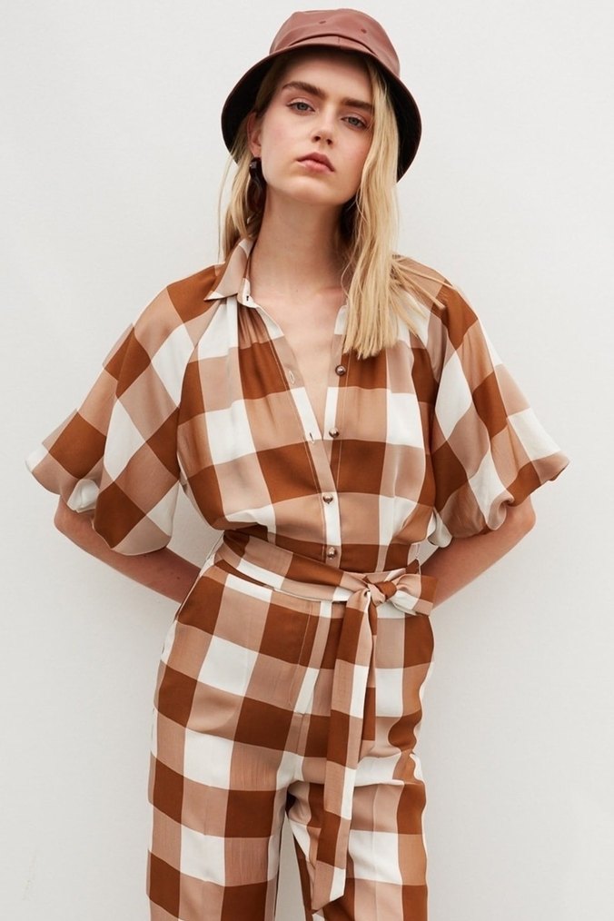 Kahverengi Kareli Kemerli Kadın Tulum - Görsel 5