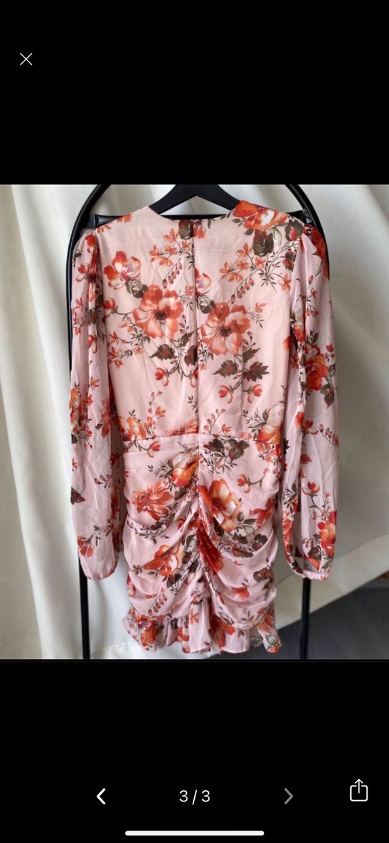 Pembe Çiçekli V Yaka Mini Elbise - Görsel 4