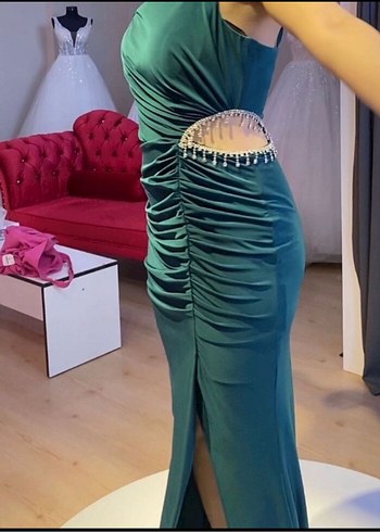 Parlak Turkuaz Drapeli Uzun Abiye Elbise - Görsel 4