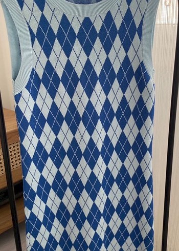 Mavi Ekose Desenli Kolsuz Mini Elbise - Görsel 2