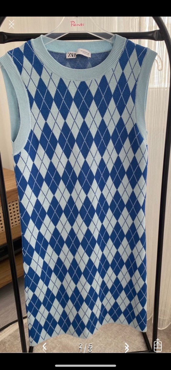 Mavi Ekose Desenli Kolsuz Mini Elbise - Görsel 2