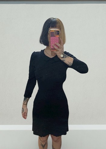 Düğmeli Siyah Midi prenses kol elbise - Görsel 2