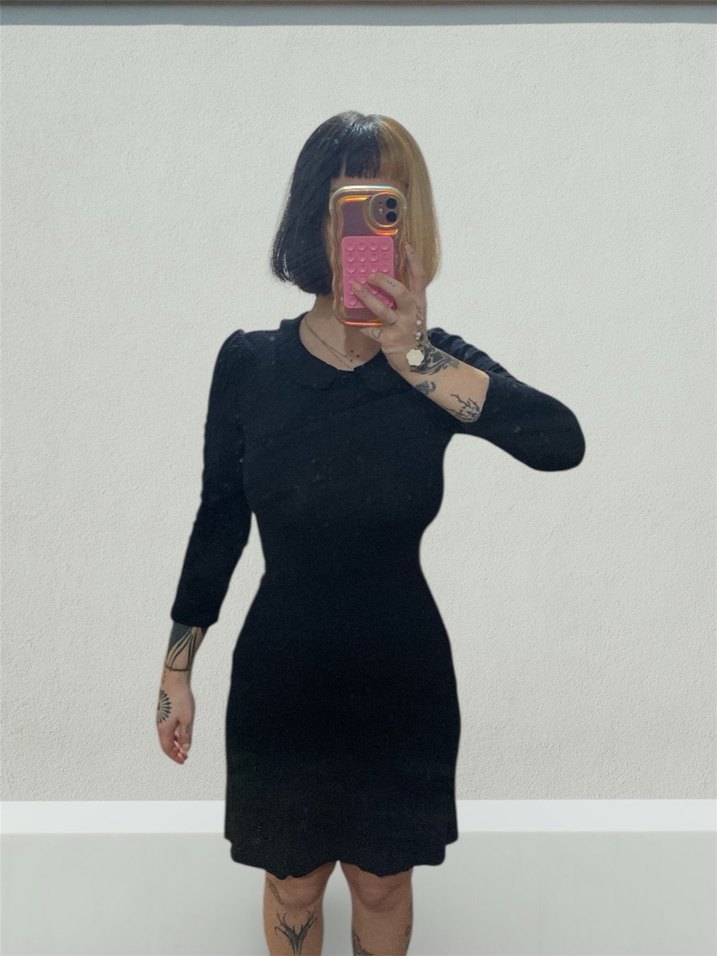 Düğmeli Siyah Midi prenses kol elbise - Görsel 2