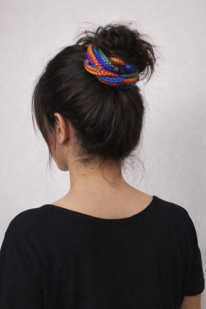 Renkli Püsküllü Örgü Saç Aksesuarı - Görsel 5