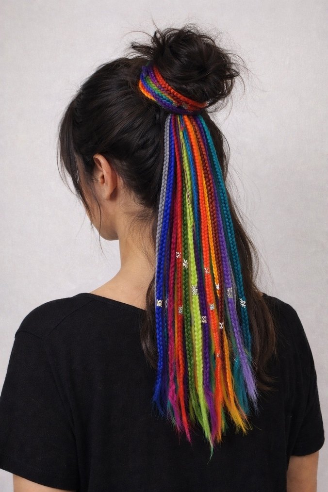 Renkli Püsküllü Örgü Saç Aksesuarı - Görsel 4