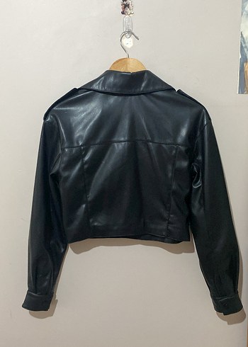 Kadın Siyah Kemerli Biker Deri Ceket - Görsel 2