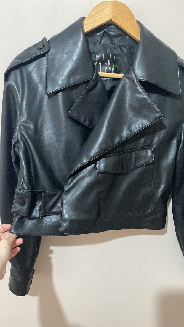Kadın Siyah Kemerli Biker Deri Ceket - Görsel 3