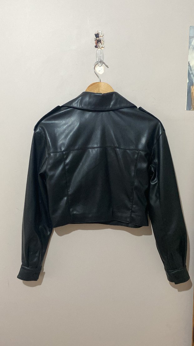 Kadın Siyah Kemerli Biker Deri Ceket - Görsel 2