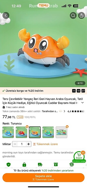  Beden Renk Yengeç oyuncak