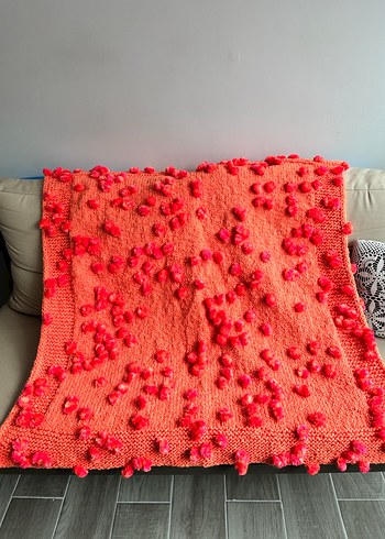 Turuncu  Ponponlu Örgü Çocuk Battaniyesi - Görsel 2