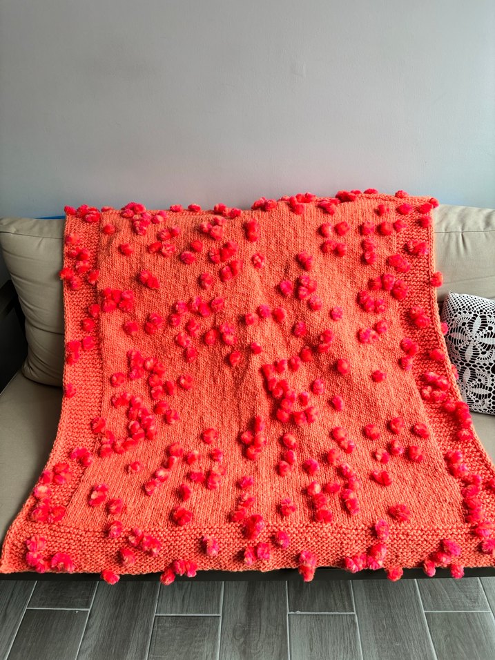 Turuncu  Ponponlu Örgü Çocuk Battaniyesi - Görsel 2