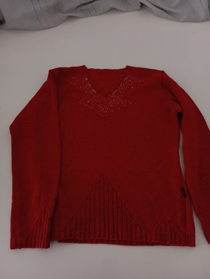 Kırmızı V Yaka Bohem Kadın Kazak - Görsel 2