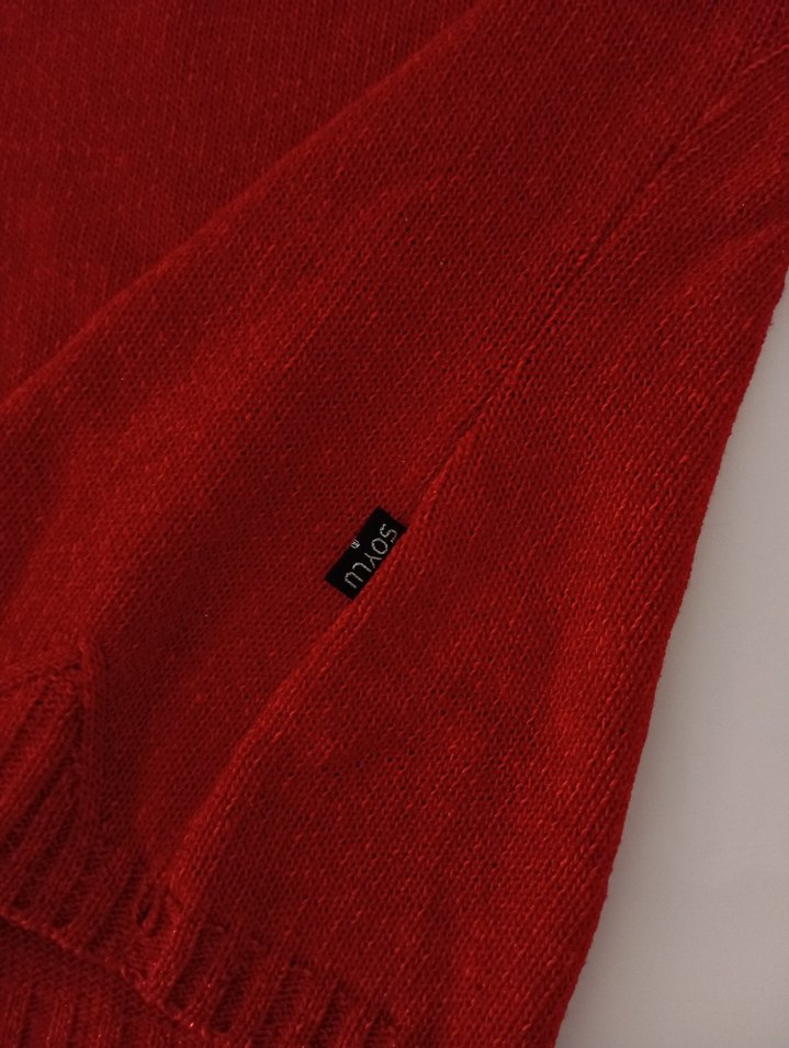 Kırmızı V Yaka Bohem Kadın Kazak - Görsel 3