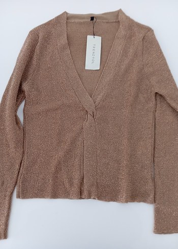 Kahverengi Parlak V Yaka Kadın Hırka - Görsel 7