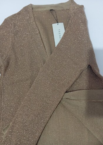 Kahverengi Parlak V Yaka Kadın Hırka - Görsel 5