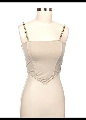 Krem rengi zincirli crop